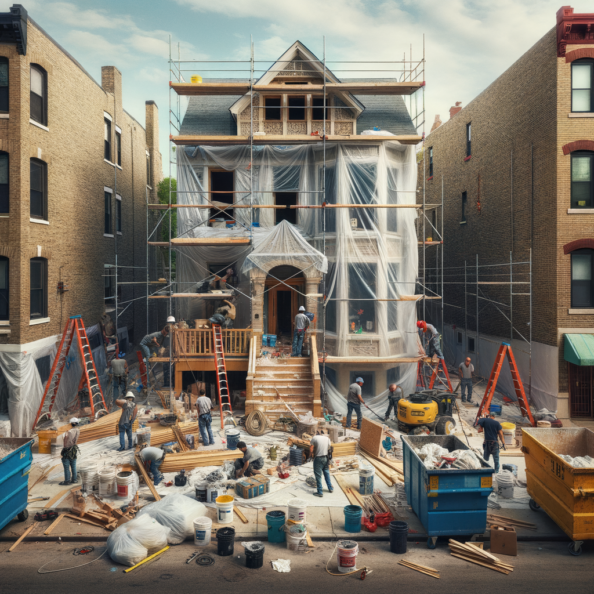 In una tranquilla strada di quartiere, una casa dalle vecchie pareti sbiadite si prepara a subire una trasformazione. Il cantiere di ristrutturazione è un’effervescente sinfonia di attività, con operai che lavorano con fervore per portare nuova vita all’edificio.All’esterno, impalcature avvolgono la casa come un abbraccio protettivo, mentre teloni di plastica proteggono le finestre e le porte dagli elementi. Il suono costante di martelli e trapani riempie l’aria, mescolandosi al vociare degli operai che si scambiano istruzioni e battute.Sul marciapiede, una serie di cassoni gialli e blu attendono di essere riempiti con detriti e materiali da smaltire. Alcuni operai si occupano di rimuovere vecchi elementi strutturali, facendo crollare muri interni per creare spazi più aperti e moderni.All’interno della casa, il suolo è coperto di trucioli di legno e sacchi di cemento, mentre l’odore pungente di vernice fresca si diffonde nell’aria. Elettricisti si arrampicano sulle scale per installare nuovi impianti elettrici, mentre idraulici lavorano sotto il lavandino della cucina per sostituire vecchie tubature con nuovi sistemi moderni.Nel soggiorno, operai abili rimuovono vecchi rivestimenti murali per scoprire le pareti di mattoni originarie, pronte ad essere restaurate e riportate al loro antico splendore. Lungo il corridoio, altri operai applicano stucco fresco e liscio, preparando le pareti per una nuova finitura.Nonostante il caos apparente, c’è un senso di eccitazione nell’aria, un’anticipazione per la trasformazione imminente. Ogni battito di martello e ogni pennellata di vernice porta l’edificio un passo più vicino alla sua nuova vita, pronta a accogliere i suoi abitanti con comfort e stile rinnovati.