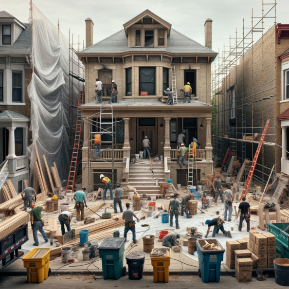 In una tranquilla strada di quartiere, una casa dalle vecchie pareti sbiadite si prepara a subire una trasformazione. Il cantiere di ristrutturazione è un’effervescente sinfonia di attività, con operai che lavorano con fervore per portare nuova vita all’edificio.All’esterno, impalcature avvolgono la casa come un abbraccio protettivo, mentre teloni di plastica proteggono le finestre e le porte dagli elementi. Il suono costante di martelli e trapani riempie l’aria, mescolandosi al vociare degli operai che si scambiano istruzioni e battute.Sul marciapiede, una serie di cassoni gialli e blu attendono di essere riempiti con detriti e materiali da smaltire. Alcuni operai si occupano di rimuovere vecchi elementi strutturali, facendo crollare muri interni per creare spazi più aperti e moderni.All’interno della casa, il suolo è coperto di trucioli di legno e sacchi di cemento, mentre l’odore pungente di vernice fresca si diffonde nell’aria. Elettricisti si arrampicano sulle scale per installare nuovi impianti elettrici, mentre idraulici lavorano sotto il lavandino della cucina per sostituire vecchie tubature con nuovi sistemi moderni.Nel soggiorno, operai abili rimuovono vecchi rivestimenti murali per scoprire le pareti di mattoni originarie, pronte ad essere restaurate e riportate al loro antico splendore. Lungo il corridoio, altri operai applicano stucco fresco e liscio, preparando le pareti per una nuova finitura.Nonostante il caos apparente, c’è un senso di eccitazione nell’aria, un’anticipazione per la trasformazione imminente. Ogni battito di martello e ogni pennellata di vernice porta l’edificio un passo più vicino alla sua nuova vita, pronta a accogliere i suoi abitanti con comfort e stile rinnovati.