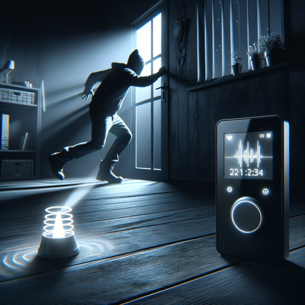 Mentre l’intruso tenta di forzare la finestra, mostra un sottile raggio di luce infrarossa che viene disturbato. In primo piano, un sensore di movimento nascosto nel buio cattura il cambiamento e invia un segnale al sistema di sicurezza. All’interno della casa, mostra il pannello di controllo digitale che si illumina improvvisamente, mentre un allarme discreto ma penetrante risuona nell’aria calma della notte.
