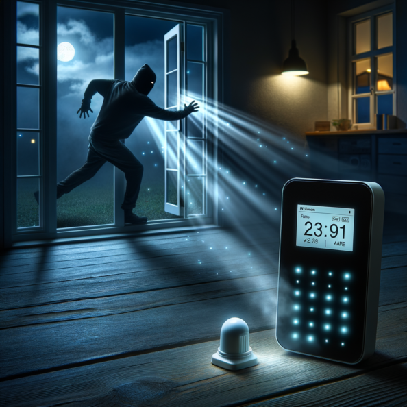 Mentre l’intruso tenta di forzare la finestra, mostra un sottile raggio di luce infrarossa che viene disturbato. In primo piano, un sensore di movimento nascosto nel buio cattura il cambiamento e invia un segnale al sistema di sicurezza. All’interno della casa, mostra il pannello di controllo digitale che si illumina improvvisamente, mentre un allarme discreto ma penetrante risuona nell’aria calma della notte.