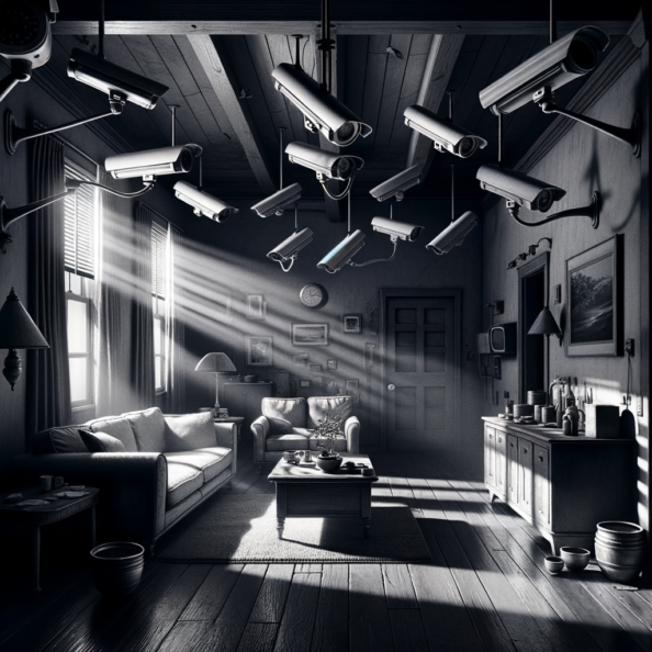 Nel silenzio di una casa deserta, l’unico rumore è il lieve ronzio dell’impianto di climatizzazione che riecheggia nei corridoi vuoti. L’atmosfera è tranquilla, ma gli occhi vigili delle telecamere di sorveglianza non conoscono riposo.Nella penombra delle stanze, le telecamere montate strategicamente scrutano ogni angolo con precisione chirurgica. Zoomano sui dettagli più piccoli, catturando ogni movimento, ogni variazione di luce, ogni segno di vita o di intrusione.Una telecamera montata sopra l’ingresso principale osserva silenziosamente mentre una foglia sospinta dal vento scivola sul marciapiede vuoto. Un’altra telecamera, posizionata nel soggiorno, inquadra il divano vuoto, la luce del sole che filtra dalle tende e crea motivi d’ombra sul pavimento immacolato.Nel frattempo, una terza telecamera panning, nascosta sotto un mobile, sorveglia la cucina, registrando ogni scatto del frigorifero che si apre e si chiude con il passaggio dell’aria condizionata.L’impianto di videosorveglianza funziona come un occhio onniveggente, senza emozioni né distrazioni. Non c’è bisogno di riposo o pausa, solo la continua vigilanza su ogni centimetro della casa.La casa, priva di persone, è avvolta nel suo silenzio solitario, ma gli occhi delle telecamere restano aperti, pronti a catturare qualsiasi evento che si verifichi, garantendo la sicurezza e la protezione anche quando gli abitanti sono lontani.