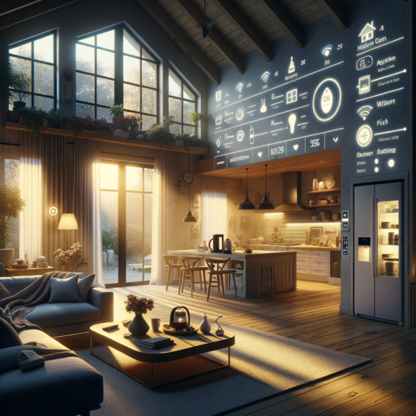 In una tranquilla casa di periferia, avvolta nell’atmosfera serena del pomeriggio, gli interni sono illuminati da una luce naturale che filtra attraverso le finestre. Non c’è nessuno in casa, ma il silenzio è interrotto solo dal leggero ronzio dei dispositivi elettronici.Nel soggiorno, la luce dell’ambiente si regola automaticamente, adattandosi alla luce naturale che varia con il trascorrere del giorno. Le tende si aprono e si chiudono delicatamente, seguendo un programma prestabilito per garantire la giusta quantità di luce e privacy in ogni momento.Nella cucina, un bollitore ad acqua si accende autonomamente, pronto a preparare una tazza di tè per il ritorno degli abitanti. Il frigorifero, dotato di sensori intelligenti, controlla costantemente la temperatura e la quantità di cibo al suo interno, avvisando di eventuali necessità di rifornimento o di problemi di conservazione.Nelle stanze da letto, i letti regolano automaticamente la loro temperatura e inclinazione per garantire un sonno confortevole. Le luci notturne si accendono dolcemente quando il sensore di movimento rileva un passaggio, illuminando il percorso senza disturbare il sonno.Nel bagno, il sistema di ventilazione si attiva autonomamente quando viene rilevata un’alta umidità, prevenendo la formazione di muffa e mantenendo l’ambiente fresco e asciutto.All’esterno, il sistema di irrigazione del giardino entra in azione, distribuendo l’acqua in modo uniforme e efficiente per mantenere il verde rigoglioso e vivace.Non c’è nessuno in casa, ma gli impianti di domotica lavorano instancabilmente per garantire il comfort, la sicurezza e l’efficienza energetica della dimora, creando un ambiente accogliente e funzionale che attende pazientemente il ritorno dei suoi abitanti.