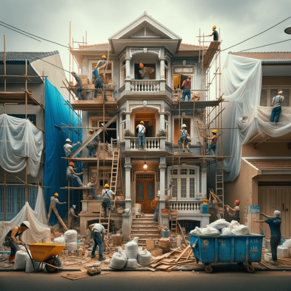 In una tranquilla strada di quartiere, una casa dalle vecchie pareti sbiadite si prepara a subire una trasformazione. Il cantiere di ristrutturazione è un’effervescente sinfonia di attività, con operai che lavorano con fervore per portare nuova vita all’edificio.All’esterno, impalcature avvolgono la casa come un abbraccio protettivo, mentre teloni di plastica proteggono le finestre e le porte dagli elementi. Il suono costante di martelli e trapani riempie l’aria, mescolandosi al vociare degli operai che si scambiano istruzioni e battute.Sul marciapiede, una serie di cassoni gialli e blu attendono di essere riempiti con detriti e materiali da smaltire. Alcuni operai si occupano di rimuovere vecchi elementi strutturali, facendo crollare muri interni per creare spazi più aperti e moderni.All’interno della casa, il suolo è coperto di trucioli di legno e sacchi di cemento, mentre l’odore pungente di vernice fresca si diffonde nell’aria. Elettricisti si arrampicano sulle scale per installare nuovi impianti elettrici, mentre idraulici lavorano sotto il lavandino della cucina per sostituire vecchie tubature con nuovi sistemi moderni.Nel soggiorno, operai abili rimuovono vecchi rivestimenti murali per scoprire le pareti di mattoni originarie, pronte ad essere restaurate e riportate al loro antico splendore. Lungo il corridoio, altri operai applicano stucco fresco e liscio, preparando le pareti per una nuova finitura.Nonostante il caos apparente, c’è un senso di eccitazione nell’aria, un’anticipazione per la trasformazione imminente. Ogni battito di martello e ogni pennellata di vernice porta l’edificio un passo più vicino alla sua nuova vita, pronta a accogliere i suoi abitanti con comfort e stile rinnovati.