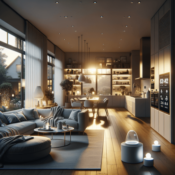 In una tranquilla casa di periferia, avvolta nell’atmosfera serena del pomeriggio, gli interni sono illuminati da una luce naturale che filtra attraverso le finestre. Non c’è nessuno in casa, ma il silenzio è interrotto solo dal leggero ronzio dei dispositivi elettronici.Nel soggiorno, la luce dell’ambiente si regola automaticamente, adattandosi alla luce naturale che varia con il trascorrere del giorno. Le tende si aprono e si chiudono delicatamente, seguendo un programma prestabilito per garantire la giusta quantità di luce e privacy in ogni momento.Nella cucina, un bollitore ad acqua si accende autonomamente, pronto a preparare una tazza di tè per il ritorno degli abitanti. Il frigorifero, dotato di sensori intelligenti, controlla costantemente la temperatura e la quantità di cibo al suo interno, avvisando di eventuali necessità di rifornimento o di problemi di conservazione.Nelle stanze da letto, i letti regolano automaticamente la loro temperatura e inclinazione per garantire un sonno confortevole. Le luci notturne si accendono dolcemente quando il sensore di movimento rileva un passaggio, illuminando il percorso senza disturbare il sonno.Nel bagno, il sistema di ventilazione si attiva autonomamente quando viene rilevata un’alta umidità, prevenendo la formazione di muffa e mantenendo l’ambiente fresco e asciutto.All’esterno, il sistema di irrigazione del giardino entra in azione, distribuendo l’acqua in modo uniforme e efficiente per mantenere il verde rigoglioso e vivace.Non c’è nessuno in casa, ma gli impianti di domotica lavorano instancabilmente per garantire il comfort, la sicurezza e l’efficienza energetica della dimora, creando un ambiente accogliente e funzionale che attende pazientemente il ritorno dei suoi abitanti.