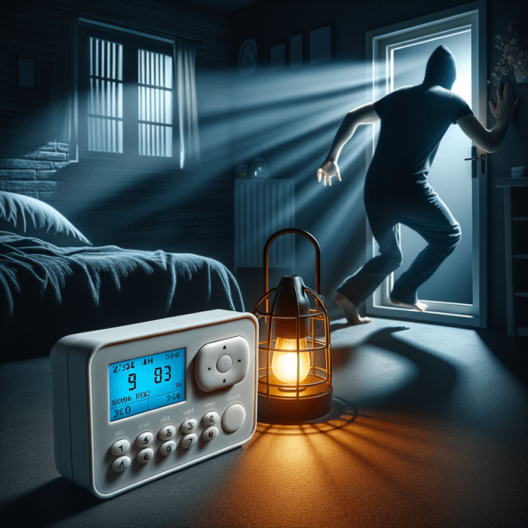 Mentre l’intruso tenta di forzare la finestra, mostra un sottile raggio di luce infrarossa che viene disturbato. In primo piano, un sensore di movimento nascosto nel buio cattura il cambiamento e invia un segnale al sistema di sicurezza. All’interno della casa, mostra il pannello di controllo digitale che si illumina improvvisamente, mentre un allarme discreto ma penetrante risuona nell’aria calma della notte.