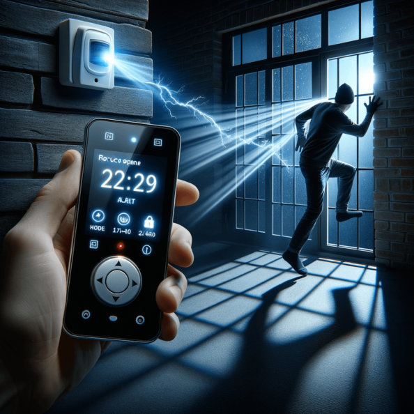 Mentre l’intruso tenta di forzare la finestra, mostra un sottile raggio di luce infrarossa che viene disturbato. In primo piano, un sensore di movimento nascosto nel buio cattura il cambiamento e invia un segnale al sistema di sicurezza. All’interno della casa, mostra il pannello di controllo digitale che si illumina improvvisamente, mentre un allarme discreto ma penetrante risuona nell’aria calma della notte.