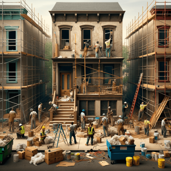 In una tranquilla strada di quartiere, una casa dalle vecchie pareti sbiadite si prepara a subire una trasformazione. Il cantiere di ristrutturazione è un’effervescente sinfonia di attività, con operai che lavorano con fervore per portare nuova vita all’edificio.All’esterno, impalcature avvolgono la casa come un abbraccio protettivo, mentre teloni di plastica proteggono le finestre e le porte dagli elementi. Il suono costante di martelli e trapani riempie l’aria, mescolandosi al vociare degli operai che si scambiano istruzioni e battute.Sul marciapiede, una serie di cassoni gialli e blu attendono di essere riempiti con detriti e materiali da smaltire. Alcuni operai si occupano di rimuovere vecchi elementi strutturali, facendo crollare muri interni per creare spazi più aperti e moderni.All’interno della casa, il suolo è coperto di trucioli di legno e sacchi di cemento, mentre l’odore pungente di vernice fresca si diffonde nell’aria. Elettricisti si arrampicano sulle scale per installare nuovi impianti elettrici, mentre idraulici lavorano sotto il lavandino della cucina per sostituire vecchie tubature con nuovi sistemi moderni.Nel soggiorno, operai abili rimuovono vecchi rivestimenti murali per scoprire le pareti di mattoni originarie, pronte ad essere restaurate e riportate al loro antico splendore. Lungo il corridoio, altri operai applicano stucco fresco e liscio, preparando le pareti per una nuova finitura.Nonostante il caos apparente, c’è un senso di eccitazione nell’aria, un’anticipazione per la trasformazione imminente. Ogni battito di martello e ogni pennellata di vernice porta l’edificio un passo più vicino alla sua nuova vita, pronta a accogliere i suoi abitanti con comfort e stile rinnovati.