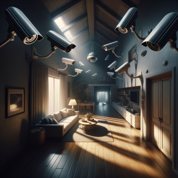 Nel silenzio di una casa deserta, l’unico rumore è il lieve ronzio dell’impianto di climatizzazione che riecheggia nei corridoi vuoti. L’atmosfera è tranquilla, ma gli occhi vigili delle telecamere di sorveglianza non conoscono riposo.Nella penombra delle stanze, le telecamere montate strategicamente scrutano ogni angolo con precisione chirurgica. Zoomano sui dettagli più piccoli, catturando ogni movimento, ogni variazione di luce, ogni segno di vita o di intrusione.Una telecamera montata sopra l’ingresso principale osserva silenziosamente mentre una foglia sospinta dal vento scivola sul marciapiede vuoto. Un’altra telecamera, posizionata nel soggiorno, inquadra il divano vuoto, la luce del sole che filtra dalle tende e crea motivi d’ombra sul pavimento immacolato.Nel frattempo, una terza telecamera panning, nascosta sotto un mobile, sorveglia la cucina, registrando ogni scatto del frigorifero che si apre e si chiude con il passaggio dell’aria condizionata.L’impianto di videosorveglianza funziona come un occhio onniveggente, senza emozioni né distrazioni. Non c’è bisogno di riposo o pausa, solo la continua vigilanza su ogni centimetro della casa.La casa, priva di persone, è avvolta nel suo silenzio solitario, ma gli occhi delle telecamere restano aperti, pronti a catturare qualsiasi evento che si verifichi, garantendo la sicurezza e la protezione anche quando gli abitanti sono lontani.