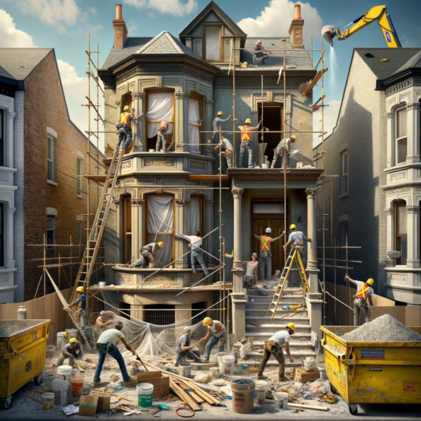 In una tranquilla strada di quartiere, una casa dalle vecchie pareti sbiadite si prepara a subire una trasformazione. Il cantiere di ristrutturazione è un’effervescente sinfonia di attività, con operai che lavorano con fervore per portare nuova vita all’edificio.All’esterno, impalcature avvolgono la casa come un abbraccio protettivo, mentre teloni di plastica proteggono le finestre e le porte dagli elementi. Il suono costante di martelli e trapani riempie l’aria, mescolandosi al vociare degli operai che si scambiano istruzioni e battute.Sul marciapiede, una serie di cassoni gialli e blu attendono di essere riempiti con detriti e materiali da smaltire. Alcuni operai si occupano di rimuovere vecchi elementi strutturali, facendo crollare muri interni per creare spazi più aperti e moderni.All’interno della casa, il suolo è coperto di trucioli di legno e sacchi di cemento, mentre l’odore pungente di vernice fresca si diffonde nell’aria. Elettricisti si arrampicano sulle scale per installare nuovi impianti elettrici, mentre idraulici lavorano sotto il lavandino della cucina per sostituire vecchie tubature con nuovi sistemi moderni.Nel soggiorno, operai abili rimuovono vecchi rivestimenti murali per scoprire le pareti di mattoni originarie, pronte ad essere restaurate e riportate al loro antico splendore. Lungo il corridoio, altri operai applicano stucco fresco e liscio, preparando le pareti per una nuova finitura.Nonostante il caos apparente, c’è un senso di eccitazione nell’aria, un’anticipazione per la trasformazione imminente. Ogni battito di martello e ogni pennellata di vernice porta l’edificio un passo più vicino alla sua nuova vita, pronta a accogliere i suoi abitanti con comfort e stile rinnovati.