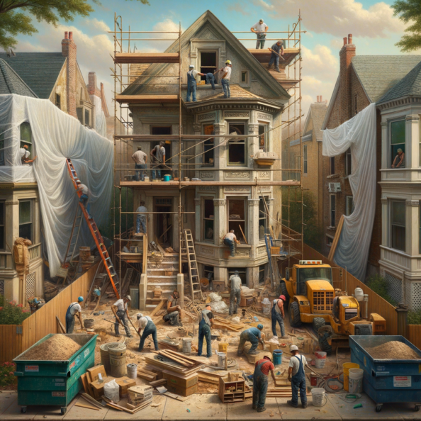 In una tranquilla strada di quartiere, una casa dalle vecchie pareti sbiadite si prepara a subire una trasformazione. Il cantiere di ristrutturazione è un’effervescente sinfonia di attività, con operai che lavorano con fervore per portare nuova vita all’edificio.All’esterno, impalcature avvolgono la casa come un abbraccio protettivo, mentre teloni di plastica proteggono le finestre e le porte dagli elementi. Il suono costante di martelli e trapani riempie l’aria, mescolandosi al vociare degli operai che si scambiano istruzioni e battute.Sul marciapiede, una serie di cassoni gialli e blu attendono di essere riempiti con detriti e materiali da smaltire. Alcuni operai si occupano di rimuovere vecchi elementi strutturali, facendo crollare muri interni per creare spazi più aperti e moderni.All’interno della casa, il suolo è coperto di trucioli di legno e sacchi di cemento, mentre l’odore pungente di vernice fresca si diffonde nell’aria. Elettricisti si arrampicano sulle scale per installare nuovi impianti elettrici, mentre idraulici lavorano sotto il lavandino della cucina per sostituire vecchie tubature con nuovi sistemi moderni.Nel soggiorno, operai abili rimuovono vecchi rivestimenti murali per scoprire le pareti di mattoni originarie, pronte ad essere restaurate e riportate al loro antico splendore. Lungo il corridoio, altri operai applicano stucco fresco e liscio, preparando le pareti per una nuova finitura.Nonostante il caos apparente, c’è un senso di eccitazione nell’aria, un’anticipazione per la trasformazione imminente. Ogni battito di martello e ogni pennellata di vernice porta l’edificio un passo più vicino alla sua nuova vita, pronta a accogliere i suoi abitanti con comfort e stile rinnovati.