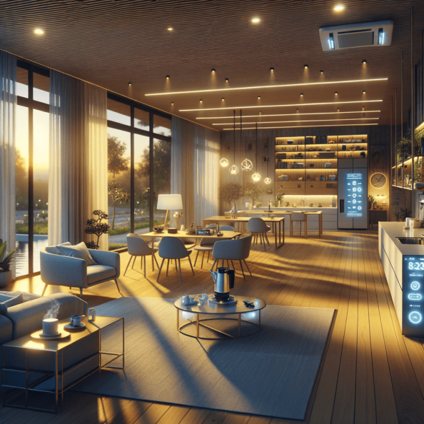 In una tranquilla casa di periferia, avvolta nell’atmosfera serena del pomeriggio, gli interni sono illuminati da una luce naturale che filtra attraverso le finestre. Non c’è nessuno in casa, ma il silenzio è interrotto solo dal leggero ronzio dei dispositivi elettronici.Nel soggiorno, la luce dell’ambiente si regola automaticamente, adattandosi alla luce naturale che varia con il trascorrere del giorno. Le tende si aprono e si chiudono delicatamente, seguendo un programma prestabilito per garantire la giusta quantità di luce e privacy in ogni momento.Nella cucina, un bollitore ad acqua si accende autonomamente, pronto a preparare una tazza di tè per il ritorno degli abitanti. Il frigorifero, dotato di sensori intelligenti, controlla costantemente la temperatura e la quantità di cibo al suo interno, avvisando di eventuali necessità di rifornimento o di problemi di conservazione.Nelle stanze da letto, i letti regolano automaticamente la loro temperatura e inclinazione per garantire un sonno confortevole. Le luci notturne si accendono dolcemente quando il sensore di movimento rileva un passaggio, illuminando il percorso senza disturbare il sonno.Nel bagno, il sistema di ventilazione si attiva autonomamente quando viene rilevata un’alta umidità, prevenendo la formazione di muffa e mantenendo l’ambiente fresco e asciutto.All’esterno, il sistema di irrigazione del giardino entra in azione, distribuendo l’acqua in modo uniforme e efficiente per mantenere il verde rigoglioso e vivace.Non c’è nessuno in casa, ma gli impianti di domotica lavorano instancabilmente per garantire il comfort, la sicurezza e l’efficienza energetica della dimora, creando un ambiente accogliente e funzionale che attende pazientemente il ritorno dei suoi abitanti.