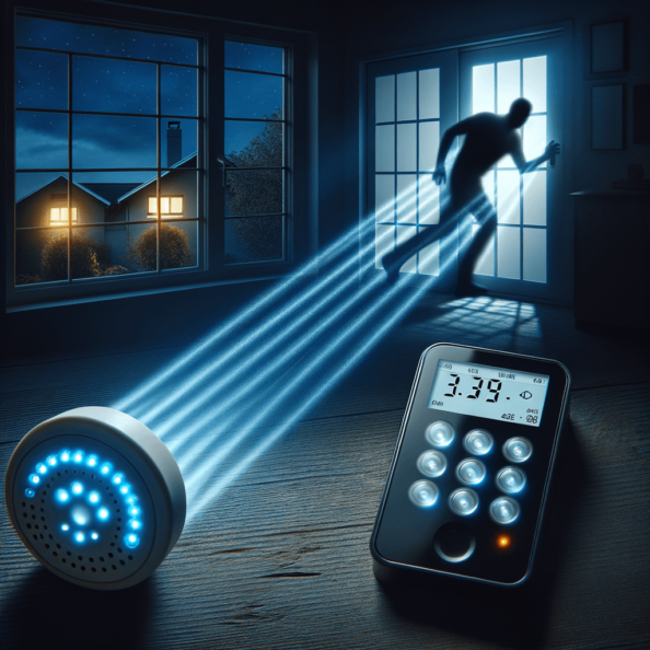 Mentre l’intruso tenta di forzare la finestra, mostra un sottile raggio di luce infrarossa che viene disturbato. In primo piano, un sensore di movimento nascosto nel buio cattura il cambiamento e invia un segnale al sistema di sicurezza. All’interno della casa, mostra il pannello di controllo digitale che si illumina improvvisamente, mentre un allarme discreto ma penetrante risuona nell’aria calma della notte.