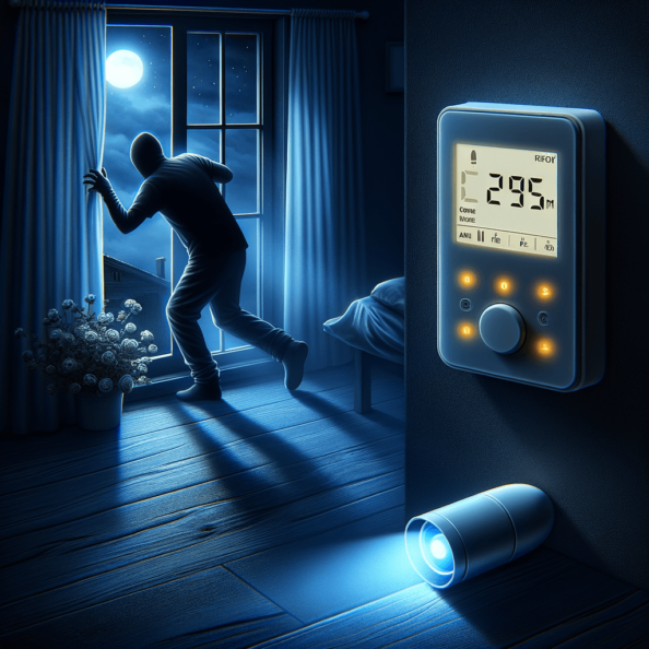 Mentre l’intruso tenta di forzare la finestra, mostra un sottile raggio di luce infrarossa che viene disturbato. In primo piano, un sensore di movimento nascosto nel buio cattura il cambiamento e invia un segnale al sistema di sicurezza. All’interno della casa, mostra il pannello di controllo digitale che si illumina improvvisamente, mentre un allarme discreto ma penetrante risuona nell’aria calma della notte.