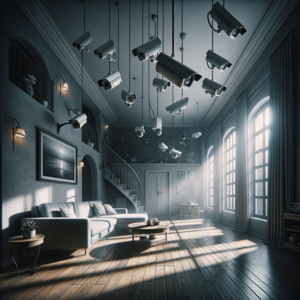 Nel silenzio di una casa deserta, l’unico rumore è il lieve ronzio dell’impianto di climatizzazione che riecheggia nei corridoi vuoti. L’atmosfera è tranquilla, ma gli occhi vigili delle telecamere di sorveglianza non conoscono riposo.Nella penombra delle stanze, le telecamere montate strategicamente scrutano ogni angolo con precisione chirurgica. Zoomano sui dettagli più piccoli, catturando ogni movimento, ogni variazione di luce, ogni segno di vita o di intrusione.Una telecamera montata sopra l’ingresso principale osserva silenziosamente mentre una foglia sospinta dal vento scivola sul marciapiede vuoto. Un’altra telecamera, posizionata nel soggiorno, inquadra il divano vuoto, la luce del sole che filtra dalle tende e crea motivi d’ombra sul pavimento immacolato.Nel frattempo, una terza telecamera panning, nascosta sotto un mobile, sorveglia la cucina, registrando ogni scatto del frigorifero che si apre e si chiude con il passaggio dell’aria condizionata.L’impianto di videosorveglianza funziona come un occhio onniveggente, senza emozioni né distrazioni. Non c’è bisogno di riposo o pausa, solo la continua vigilanza su ogni centimetro della casa.La casa, priva di persone, è avvolta nel suo silenzio solitario, ma gli occhi delle telecamere restano aperti, pronti a catturare qualsiasi evento che si verifichi, garantendo la sicurezza e la protezione anche quando gli abitanti sono lontani.