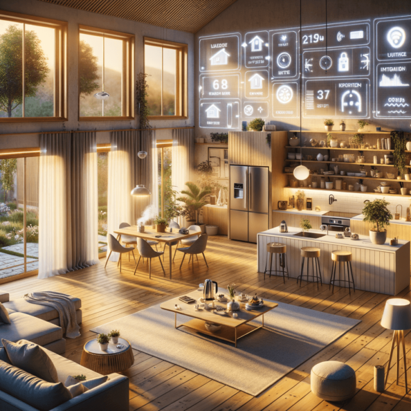 In una tranquilla casa di periferia, avvolta nell’atmosfera serena del pomeriggio, gli interni sono illuminati da una luce naturale che filtra attraverso le finestre. Non c’è nessuno in casa, ma il silenzio è interrotto solo dal leggero ronzio dei dispositivi elettronici.Nel soggiorno, la luce dell’ambiente si regola automaticamente, adattandosi alla luce naturale che varia con il trascorrere del giorno. Le tende si aprono e si chiudono delicatamente, seguendo un programma prestabilito per garantire la giusta quantità di luce e privacy in ogni momento.Nella cucina, un bollitore ad acqua si accende autonomamente, pronto a preparare una tazza di tè per il ritorno degli abitanti. Il frigorifero, dotato di sensori intelligenti, controlla costantemente la temperatura e la quantità di cibo al suo interno, avvisando di eventuali necessità di rifornimento o di problemi di conservazione.Nelle stanze da letto, i letti regolano automaticamente la loro temperatura e inclinazione per garantire un sonno confortevole. Le luci notturne si accendono dolcemente quando il sensore di movimento rileva un passaggio, illuminando il percorso senza disturbare il sonno.Nel bagno, il sistema di ventilazione si attiva autonomamente quando viene rilevata un’alta umidità, prevenendo la formazione di muffa e mantenendo l’ambiente fresco e asciutto.All’esterno, il sistema di irrigazione del giardino entra in azione, distribuendo l’acqua in modo uniforme e efficiente per mantenere il verde rigoglioso e vivace.Non c’è nessuno in casa, ma gli impianti di domotica lavorano instancabilmente per garantire il comfort, la sicurezza e l’efficienza energetica della dimora, creando un ambiente accogliente e funzionale che attende pazientemente il ritorno dei suoi abitanti.