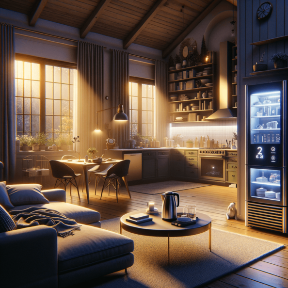 In una tranquilla casa di periferia, avvolta nell’atmosfera serena del pomeriggio, gli interni sono illuminati da una luce naturale che filtra attraverso le finestre. Non c’è nessuno in casa, ma il silenzio è interrotto solo dal leggero ronzio dei dispositivi elettronici.Nel soggiorno, la luce dell’ambiente si regola automaticamente, adattandosi alla luce naturale che varia con il trascorrere del giorno. Le tende si aprono e si chiudono delicatamente, seguendo un programma prestabilito per garantire la giusta quantità di luce e privacy in ogni momento.Nella cucina, un bollitore ad acqua si accende autonomamente, pronto a preparare una tazza di tè per il ritorno degli abitanti. Il frigorifero, dotato di sensori intelligenti, controlla costantemente la temperatura e la quantità di cibo al suo interno, avvisando di eventuali necessità di rifornimento o di problemi di conservazione.Nelle stanze da letto, i letti regolano automaticamente la loro temperatura e inclinazione per garantire un sonno confortevole. Le luci notturne si accendono dolcemente quando il sensore di movimento rileva un passaggio, illuminando il percorso senza disturbare il sonno.Nel bagno, il sistema di ventilazione si attiva autonomamente quando viene rilevata un’alta umidità, prevenendo la formazione di muffa e mantenendo l’ambiente fresco e asciutto.All’esterno, il sistema di irrigazione del giardino entra in azione, distribuendo l’acqua in modo uniforme e efficiente per mantenere il verde rigoglioso e vivace.Non c’è nessuno in casa, ma gli impianti di domotica lavorano instancabilmente per garantire il comfort, la sicurezza e l’efficienza energetica della dimora, creando un ambiente accogliente e funzionale che attende pazientemente il ritorno dei suoi abitanti.