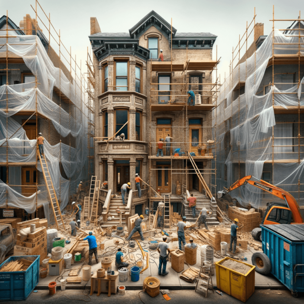 In una tranquilla strada di quartiere, una casa dalle vecchie pareti sbiadite si prepara a subire una trasformazione. Il cantiere di ristrutturazione è un’effervescente sinfonia di attività, con operai che lavorano con fervore per portare nuova vita all’edificio.All’esterno, impalcature avvolgono la casa come un abbraccio protettivo, mentre teloni di plastica proteggono le finestre e le porte dagli elementi. Il suono costante di martelli e trapani riempie l’aria, mescolandosi al vociare degli operai che si scambiano istruzioni e battute.Sul marciapiede, una serie di cassoni gialli e blu attendono di essere riempiti con detriti e materiali da smaltire. Alcuni operai si occupano di rimuovere vecchi elementi strutturali, facendo crollare muri interni per creare spazi più aperti e moderni.All’interno della casa, il suolo è coperto di trucioli di legno e sacchi di cemento, mentre l’odore pungente di vernice fresca si diffonde nell’aria. Elettricisti si arrampicano sulle scale per installare nuovi impianti elettrici, mentre idraulici lavorano sotto il lavandino della cucina per sostituire vecchie tubature con nuovi sistemi moderni.Nel soggiorno, operai abili rimuovono vecchi rivestimenti murali per scoprire le pareti di mattoni originarie, pronte ad essere restaurate e riportate al loro antico splendore. Lungo il corridoio, altri operai applicano stucco fresco e liscio, preparando le pareti per una nuova finitura.Nonostante il caos apparente, c’è un senso di eccitazione nell’aria, un’anticipazione per la trasformazione imminente. Ogni battito di martello e ogni pennellata di vernice porta l’edificio un passo più vicino alla sua nuova vita, pronta a accogliere i suoi abitanti con comfort e stile rinnovati.