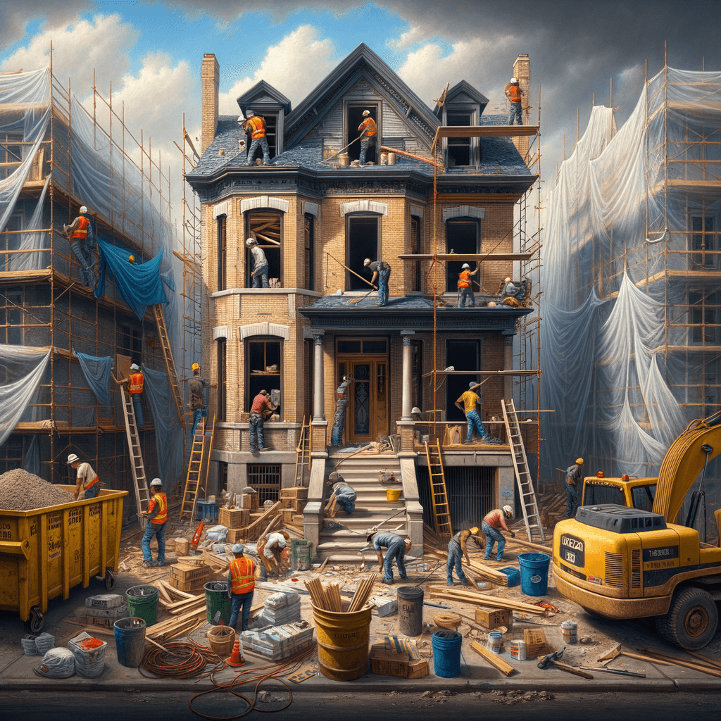 In una tranquilla strada di quartiere, una casa dalle vecchie pareti sbiadite si prepara a subire una trasformazione. Il cantiere di ristrutturazione è un’effervescente sinfonia di attività, con operai che lavorano con fervore per portare nuova vita all’edificio.All’esterno, impalcature avvolgono la casa come un abbraccio protettivo, mentre teloni di plastica proteggono le finestre e le porte dagli elementi. Il suono costante di martelli e trapani riempie l’aria, mescolandosi al vociare degli operai che si scambiano istruzioni e battute.Sul marciapiede, una serie di cassoni gialli e blu attendono di essere riempiti con detriti e materiali da smaltire. Alcuni operai si occupano di rimuovere vecchi elementi strutturali, facendo crollare muri interni per creare spazi più aperti e moderni.All’interno della casa, il suolo è coperto di trucioli di legno e sacchi di cemento, mentre l’odore pungente di vernice fresca si diffonde nell’aria. Elettricisti si arrampicano sulle scale per installare nuovi impianti elettrici, mentre idraulici lavorano sotto il lavandino della cucina per sostituire vecchie tubature con nuovi sistemi moderni.Nel soggiorno, operai abili rimuovono vecchi rivestimenti murali per scoprire le pareti di mattoni originarie, pronte ad essere restaurate e riportate al loro antico splendore. Lungo il corridoio, altri operai applicano stucco fresco e liscio, preparando le pareti per una nuova finitura.Nonostante il caos apparente, c’è un senso di eccitazione nell’aria, un’anticipazione per la trasformazione imminente. Ogni battito di martello e ogni pennellata di vernice porta l’edificio un passo più vicino alla sua nuova vita, pronta a accogliere i suoi abitanti con comfort e stile rinnovati.