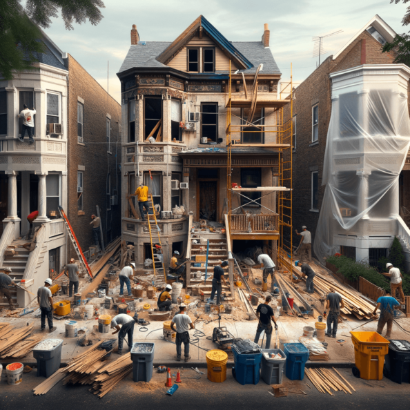 In una tranquilla strada di quartiere, una casa dalle vecchie pareti sbiadite si prepara a subire una trasformazione. Il cantiere di ristrutturazione è un’effervescente sinfonia di attività, con operai che lavorano con fervore per portare nuova vita all’edificio.All’esterno, impalcature avvolgono la casa come un abbraccio protettivo, mentre teloni di plastica proteggono le finestre e le porte dagli elementi. Il suono costante di martelli e trapani riempie l’aria, mescolandosi al vociare degli operai che si scambiano istruzioni e battute.Sul marciapiede, una serie di cassoni gialli e blu attendono di essere riempiti con detriti e materiali da smaltire. Alcuni operai si occupano di rimuovere vecchi elementi strutturali, facendo crollare muri interni per creare spazi più aperti e moderni.All’interno della casa, il suolo è coperto di trucioli di legno e sacchi di cemento, mentre l’odore pungente di vernice fresca si diffonde nell’aria. Elettricisti si arrampicano sulle scale per installare nuovi impianti elettrici, mentre idraulici lavorano sotto il lavandino della cucina per sostituire vecchie tubature con nuovi sistemi moderni.Nel soggiorno, operai abili rimuovono vecchi rivestimenti murali per scoprire le pareti di mattoni originarie, pronte ad essere restaurate e riportate al loro antico splendore. Lungo il corridoio, altri operai applicano stucco fresco e liscio, preparando le pareti per una nuova finitura.Nonostante il caos apparente, c’è un senso di eccitazione nell’aria, un’anticipazione per la trasformazione imminente. Ogni battito di martello e ogni pennellata di vernice porta l’edificio un passo più vicino alla sua nuova vita, pronta a accogliere i suoi abitanti con comfort e stile rinnovati.