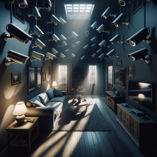 Nel silenzio di una casa deserta, l’unico rumore è il lieve ronzio dell’impianto di climatizzazione che riecheggia nei corridoi vuoti. L’atmosfera è tranquilla, ma gli occhi vigili delle telecamere di sorveglianza non conoscono riposo.Nella penombra delle stanze, le telecamere montate strategicamente scrutano ogni angolo con precisione chirurgica. Zoomano sui dettagli più piccoli, catturando ogni movimento, ogni variazione di luce, ogni segno di vita o di intrusione.Una telecamera montata sopra l’ingresso principale osserva silenziosamente mentre una foglia sospinta dal vento scivola sul marciapiede vuoto. Un’altra telecamera, posizionata nel soggiorno, inquadra il divano vuoto, la luce del sole che filtra dalle tende e crea motivi d’ombra sul pavimento immacolato.Nel frattempo, una terza telecamera panning, nascosta sotto un mobile, sorveglia la cucina, registrando ogni scatto del frigorifero che si apre e si chiude con il passaggio dell’aria condizionata.L’impianto di videosorveglianza funziona come un occhio onniveggente, senza emozioni né distrazioni. Non c’è bisogno di riposo o pausa, solo la continua vigilanza su ogni centimetro della casa.La casa, priva di persone, è avvolta nel suo silenzio solitario, ma gli occhi delle telecamere restano aperti, pronti a catturare qualsiasi evento che si verifichi, garantendo la sicurezza e la protezione anche quando gli abitanti sono lontani.