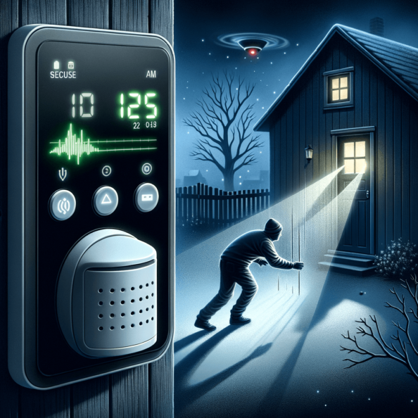 Mentre l’intruso tenta di forzare la finestra, mostra un sottile raggio di luce infrarossa che viene disturbato. In primo piano, un sensore di movimento nascosto nel buio cattura il cambiamento e invia un segnale al sistema di sicurezza. All’interno della casa, mostra il pannello di controllo digitale che si illumina improvvisamente, mentre un allarme discreto ma penetrante risuona nell’aria calma della notte.