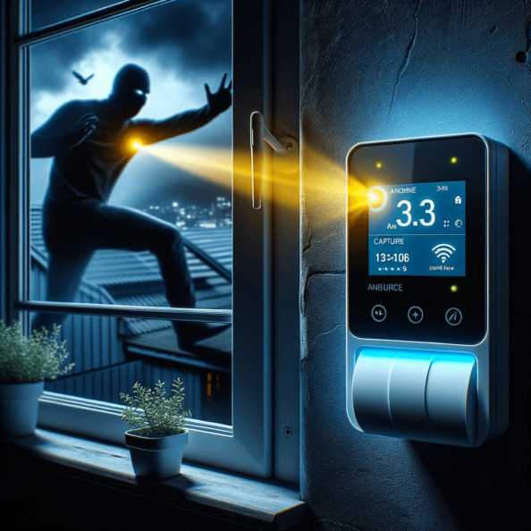 Mentre l’intruso tenta di forzare la finestra, mostra un sottile raggio di luce infrarossa che viene disturbato. In primo piano, un sensore di movimento nascosto nel buio cattura il cambiamento e invia un segnale al sistema di sicurezza. All’interno della casa, mostra il pannello di controllo digitale che si illumina improvvisamente, mentre un allarme discreto ma penetrante risuona nell’aria calma della notte.