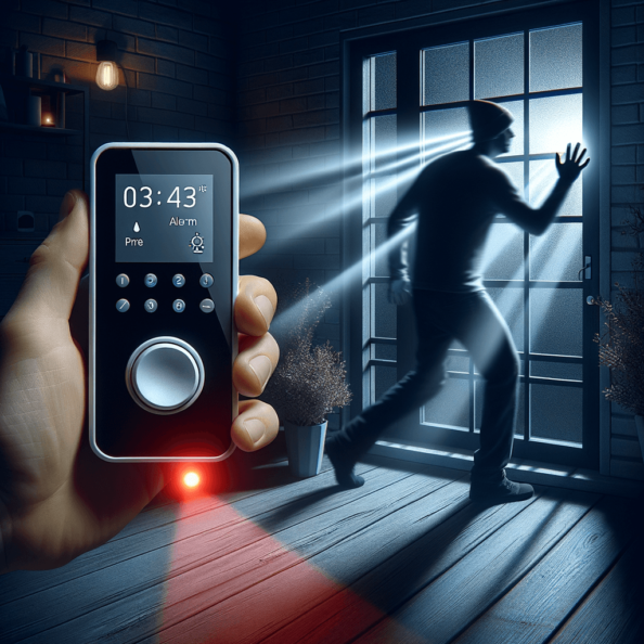 Mentre l’intruso tenta di forzare la finestra, mostra un sottile raggio di luce infrarossa che viene disturbato. In primo piano, un sensore di movimento nascosto nel buio cattura il cambiamento e invia un segnale al sistema di sicurezza. All’interno della casa, mostra il pannello di controllo digitale che si illumina improvvisamente, mentre un allarme discreto ma penetrante risuona nell’aria calma della notte.