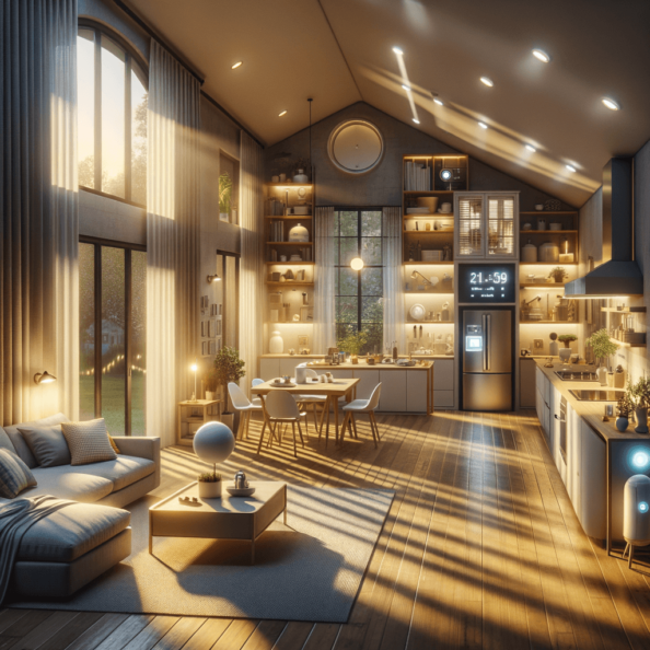 In una tranquilla casa di periferia, avvolta nell’atmosfera serena del pomeriggio, gli interni sono illuminati da una luce naturale che filtra attraverso le finestre. Non c’è nessuno in casa, ma il silenzio è interrotto solo dal leggero ronzio dei dispositivi elettronici.Nel soggiorno, la luce dell’ambiente si regola automaticamente, adattandosi alla luce naturale che varia con il trascorrere del giorno. Le tende si aprono e si chiudono delicatamente, seguendo un programma prestabilito per garantire la giusta quantità di luce e privacy in ogni momento.Nella cucina, un bollitore ad acqua si accende autonomamente, pronto a preparare una tazza di tè per il ritorno degli abitanti. Il frigorifero, dotato di sensori intelligenti, controlla costantemente la temperatura e la quantità di cibo al suo interno, avvisando di eventuali necessità di rifornimento o di problemi di conservazione.Nelle stanze da letto, i letti regolano automaticamente la loro temperatura e inclinazione per garantire un sonno confortevole. Le luci notturne si accendono dolcemente quando il sensore di movimento rileva un passaggio, illuminando il percorso senza disturbare il sonno.Nel bagno, il sistema di ventilazione si attiva autonomamente quando viene rilevata un’alta umidità, prevenendo la formazione di muffa e mantenendo l’ambiente fresco e asciutto.All’esterno, il sistema di irrigazione del giardino entra in azione, distribuendo l’acqua in modo uniforme e efficiente per mantenere il verde rigoglioso e vivace.Non c’è nessuno in casa, ma gli impianti di domotica lavorano instancabilmente per garantire il comfort, la sicurezza e l’efficienza energetica della dimora, creando un ambiente accogliente e funzionale che attende pazientemente il ritorno dei suoi abitanti.