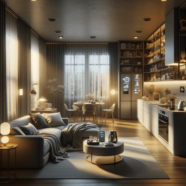 In una tranquilla casa di periferia, avvolta nell’atmosfera serena del pomeriggio, gli interni sono illuminati da una luce naturale che filtra attraverso le finestre. Non c’è nessuno in casa, ma il silenzio è interrotto solo dal leggero ronzio dei dispositivi elettronici.Nel soggiorno, la luce dell’ambiente si regola automaticamente, adattandosi alla luce naturale che varia con il trascorrere del giorno. Le tende si aprono e si chiudono delicatamente, seguendo un programma prestabilito per garantire la giusta quantità di luce e privacy in ogni momento.Nella cucina, un bollitore ad acqua si accende autonomamente, pronto a preparare una tazza di tè per il ritorno degli abitanti. Il frigorifero, dotato di sensori intelligenti, controlla costantemente la temperatura e la quantità di cibo al suo interno, avvisando di eventuali necessità di rifornimento o di problemi di conservazione.Nelle stanze da letto, i letti regolano automaticamente la loro temperatura e inclinazione per garantire un sonno confortevole. Le luci notturne si accendono dolcemente quando il sensore di movimento rileva un passaggio, illuminando il percorso senza disturbare il sonno.Nel bagno, il sistema di ventilazione si attiva autonomamente quando viene rilevata un’alta umidità, prevenendo la formazione di muffa e mantenendo l’ambiente fresco e asciutto.All’esterno, il sistema di irrigazione del giardino entra in azione, distribuendo l’acqua in modo uniforme e efficiente per mantenere il verde rigoglioso e vivace.Non c’è nessuno in casa, ma gli impianti di domotica lavorano instancabilmente per garantire il comfort, la sicurezza e l’efficienza energetica della dimora, creando un ambiente accogliente e funzionale che attende pazientemente il ritorno dei suoi abitanti.