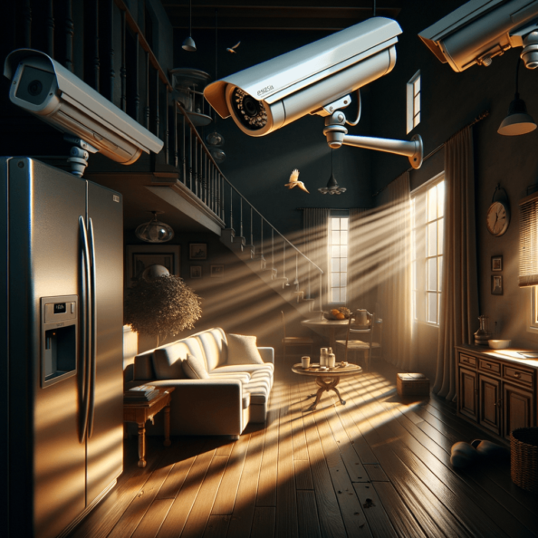 Nel silenzio di una casa deserta, l’unico rumore è il lieve ronzio dell’impianto di climatizzazione che riecheggia nei corridoi vuoti. L’atmosfera è tranquilla, ma gli occhi vigili delle telecamere di sorveglianza non conoscono riposo.Nella penombra delle stanze, le telecamere montate strategicamente scrutano ogni angolo con precisione chirurgica. Zoomano sui dettagli più piccoli, catturando ogni movimento, ogni variazione di luce, ogni segno di vita o di intrusione.Una telecamera montata sopra l’ingresso principale osserva silenziosamente mentre una foglia sospinta dal vento scivola sul marciapiede vuoto. Un’altra telecamera, posizionata nel soggiorno, inquadra il divano vuoto, la luce del sole che filtra dalle tende e crea motivi d’ombra sul pavimento immacolato.Nel frattempo, una terza telecamera panning, nascosta sotto un mobile, sorveglia la cucina, registrando ogni scatto del frigorifero che si apre e si chiude con il passaggio dell’aria condizionata.L’impianto di videosorveglianza funziona come un occhio onniveggente, senza emozioni né distrazioni. Non c’è bisogno di riposo o pausa, solo la continua vigilanza su ogni centimetro della casa.La casa, priva di persone, è avvolta nel suo silenzio solitario, ma gli occhi delle telecamere restano aperti, pronti a catturare qualsiasi evento che si verifichi, garantendo la sicurezza e la protezione anche quando gli abitanti sono lontani.