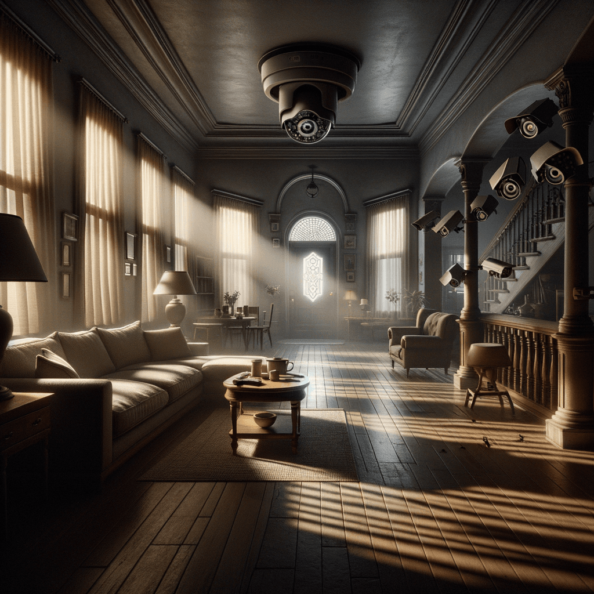 Nel silenzio di una casa deserta, l’unico rumore è il lieve ronzio dell’impianto di climatizzazione che riecheggia nei corridoi vuoti. L’atmosfera è tranquilla, ma gli occhi vigili delle telecamere di sorveglianza non conoscono riposo.Nella penombra delle stanze, le telecamere montate strategicamente scrutano ogni angolo con precisione chirurgica. Zoomano sui dettagli più piccoli, catturando ogni movimento, ogni variazione di luce, ogni segno di vita o di intrusione.Una telecamera montata sopra l’ingresso principale osserva silenziosamente mentre una foglia sospinta dal vento scivola sul marciapiede vuoto. Un’altra telecamera, posizionata nel soggiorno, inquadra il divano vuoto, la luce del sole che filtra dalle tende e crea motivi d’ombra sul pavimento immacolato.Nel frattempo, una terza telecamera panning, nascosta sotto un mobile, sorveglia la cucina, registrando ogni scatto del frigorifero che si apre e si chiude con il passaggio dell’aria condizionata.L’impianto di videosorveglianza funziona come un occhio onniveggente, senza emozioni né distrazioni. Non c’è bisogno di riposo o pausa, solo la continua vigilanza su ogni centimetro della casa.La casa, priva di persone, è avvolta nel suo silenzio solitario, ma gli occhi delle telecamere restano aperti, pronti a catturare qualsiasi evento che si verifichi, garantendo la sicurezza e la protezione anche quando gli abitanti sono lontani.