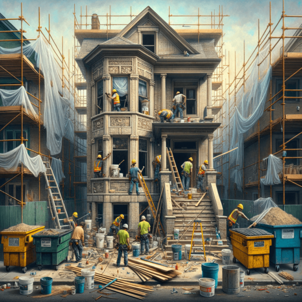 In una tranquilla strada di quartiere, una casa dalle vecchie pareti sbiadite si prepara a subire una trasformazione. Il cantiere di ristrutturazione è un’effervescente sinfonia di attività, con operai che lavorano con fervore per portare nuova vita all’edificio.All’esterno, impalcature avvolgono la casa come un abbraccio protettivo, mentre teloni di plastica proteggono le finestre e le porte dagli elementi. Il suono costante di martelli e trapani riempie l’aria, mescolandosi al vociare degli operai che si scambiano istruzioni e battute.Sul marciapiede, una serie di cassoni gialli e blu attendono di essere riempiti con detriti e materiali da smaltire. Alcuni operai si occupano di rimuovere vecchi elementi strutturali, facendo crollare muri interni per creare spazi più aperti e moderni.All’interno della casa, il suolo è coperto di trucioli di legno e sacchi di cemento, mentre l’odore pungente di vernice fresca si diffonde nell’aria. Elettricisti si arrampicano sulle scale per installare nuovi impianti elettrici, mentre idraulici lavorano sotto il lavandino della cucina per sostituire vecchie tubature con nuovi sistemi moderni.Nel soggiorno, operai abili rimuovono vecchi rivestimenti murali per scoprire le pareti di mattoni originarie, pronte ad essere restaurate e riportate al loro antico splendore. Lungo il corridoio, altri operai applicano stucco fresco e liscio, preparando le pareti per una nuova finitura.Nonostante il caos apparente, c’è un senso di eccitazione nell’aria, un’anticipazione per la trasformazione imminente. Ogni battito di martello e ogni pennellata di vernice porta l’edificio un passo più vicino alla sua nuova vita, pronta a accogliere i suoi abitanti con comfort e stile rinnovati.