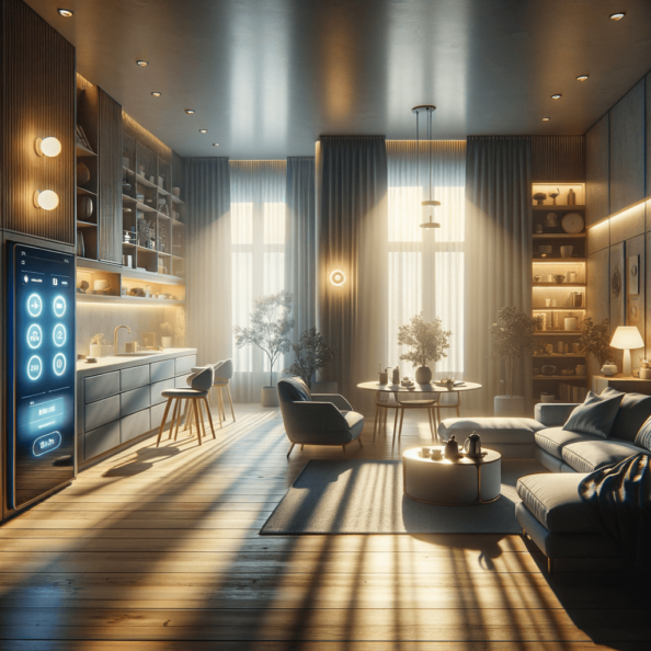 In una tranquilla casa di periferia, avvolta nell’atmosfera serena del pomeriggio, gli interni sono illuminati da una luce naturale che filtra attraverso le finestre. Non c’è nessuno in casa, ma il silenzio è interrotto solo dal leggero ronzio dei dispositivi elettronici.Nel soggiorno, la luce dell’ambiente si regola automaticamente, adattandosi alla luce naturale che varia con il trascorrere del giorno. Le tende si aprono e si chiudono delicatamente, seguendo un programma prestabilito per garantire la giusta quantità di luce e privacy in ogni momento.Nella cucina, un bollitore ad acqua si accende autonomamente, pronto a preparare una tazza di tè per il ritorno degli abitanti. Il frigorifero, dotato di sensori intelligenti, controlla costantemente la temperatura e la quantità di cibo al suo interno, avvisando di eventuali necessità di rifornimento o di problemi di conservazione.Nelle stanze da letto, i letti regolano automaticamente la loro temperatura e inclinazione per garantire un sonno confortevole. Le luci notturne si accendono dolcemente quando il sensore di movimento rileva un passaggio, illuminando il percorso senza disturbare il sonno.Nel bagno, il sistema di ventilazione si attiva autonomamente quando viene rilevata un’alta umidità, prevenendo la formazione di muffa e mantenendo l’ambiente fresco e asciutto.All’esterno, il sistema di irrigazione del giardino entra in azione, distribuendo l’acqua in modo uniforme e efficiente per mantenere il verde rigoglioso e vivace.Non c’è nessuno in casa, ma gli impianti di domotica lavorano instancabilmente per garantire il comfort, la sicurezza e l’efficienza energetica della dimora, creando un ambiente accogliente e funzionale che attende pazientemente il ritorno dei suoi abitanti.