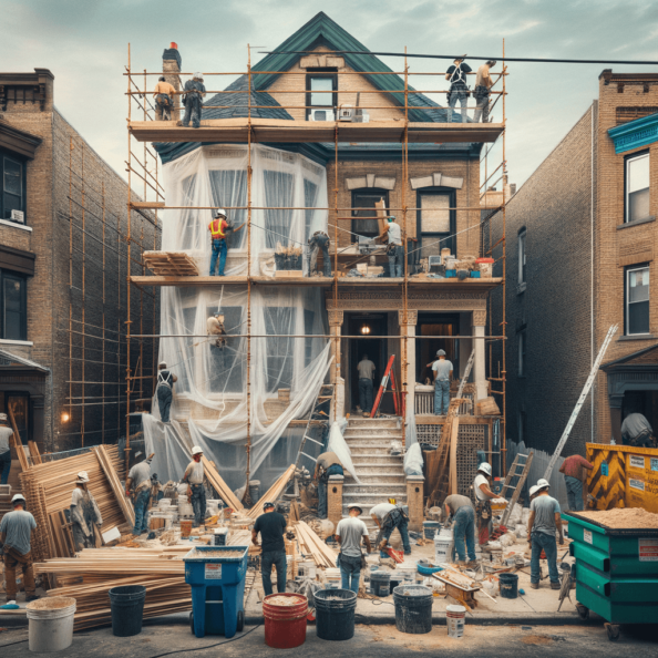 In una tranquilla strada di quartiere, una casa dalle vecchie pareti sbiadite si prepara a subire una trasformazione. Il cantiere di ristrutturazione è un’effervescente sinfonia di attività, con operai che lavorano con fervore per portare nuova vita all’edificio.All’esterno, impalcature avvolgono la casa come un abbraccio protettivo, mentre teloni di plastica proteggono le finestre e le porte dagli elementi. Il suono costante di martelli e trapani riempie l’aria, mescolandosi al vociare degli operai che si scambiano istruzioni e battute.Sul marciapiede, una serie di cassoni gialli e blu attendono di essere riempiti con detriti e materiali da smaltire. Alcuni operai si occupano di rimuovere vecchi elementi strutturali, facendo crollare muri interni per creare spazi più aperti e moderni.All’interno della casa, il suolo è coperto di trucioli di legno e sacchi di cemento, mentre l’odore pungente di vernice fresca si diffonde nell’aria. Elettricisti si arrampicano sulle scale per installare nuovi impianti elettrici, mentre idraulici lavorano sotto il lavandino della cucina per sostituire vecchie tubature con nuovi sistemi moderni.Nel soggiorno, operai abili rimuovono vecchi rivestimenti murali per scoprire le pareti di mattoni originarie, pronte ad essere restaurate e riportate al loro antico splendore. Lungo il corridoio, altri operai applicano stucco fresco e liscio, preparando le pareti per una nuova finitura.Nonostante il caos apparente, c’è un senso di eccitazione nell’aria, un’anticipazione per la trasformazione imminente. Ogni battito di martello e ogni pennellata di vernice porta l’edificio un passo più vicino alla sua nuova vita, pronta a accogliere i suoi abitanti con comfort e stile rinnovati.