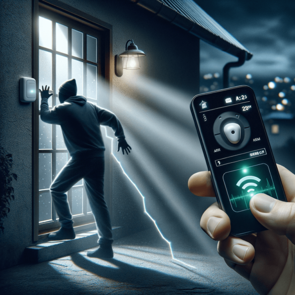 Mentre l’intruso tenta di forzare la finestra, mostra un sottile raggio di luce infrarossa che viene disturbato. In primo piano, un sensore di movimento nascosto nel buio cattura il cambiamento e invia un segnale al sistema di sicurezza. All’interno della casa, mostra il pannello di controllo digitale che si illumina improvvisamente, mentre un allarme discreto ma penetrante risuona nell’aria calma della notte.