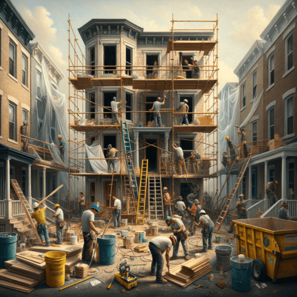 In una tranquilla strada di quartiere, una casa dalle vecchie pareti sbiadite si prepara a subire una trasformazione. Il cantiere di ristrutturazione è un’effervescente sinfonia di attività, con operai che lavorano con fervore per portare nuova vita all’edificio.All’esterno, impalcature avvolgono la casa come un abbraccio protettivo, mentre teloni di plastica proteggono le finestre e le porte dagli elementi. Il suono costante di martelli e trapani riempie l’aria, mescolandosi al vociare degli operai che si scambiano istruzioni e battute.Sul marciapiede, una serie di cassoni gialli e blu attendono di essere riempiti con detriti e materiali da smaltire. Alcuni operai si occupano di rimuovere vecchi elementi strutturali, facendo crollare muri interni per creare spazi più aperti e moderni.All’interno della casa, il suolo è coperto di trucioli di legno e sacchi di cemento, mentre l’odore pungente di vernice fresca si diffonde nell’aria. Elettricisti si arrampicano sulle scale per installare nuovi impianti elettrici, mentre idraulici lavorano sotto il lavandino della cucina per sostituire vecchie tubature con nuovi sistemi moderni.Nel soggiorno, operai abili rimuovono vecchi rivestimenti murali per scoprire le pareti di mattoni originarie, pronte ad essere restaurate e riportate al loro antico splendore. Lungo il corridoio, altri operai applicano stucco fresco e liscio, preparando le pareti per una nuova finitura.Nonostante il caos apparente, c’è un senso di eccitazione nell’aria, un’anticipazione per la trasformazione imminente. Ogni battito di martello e ogni pennellata di vernice porta l’edificio un passo più vicino alla sua nuova vita, pronta a accogliere i suoi abitanti con comfort e stile rinnovati.