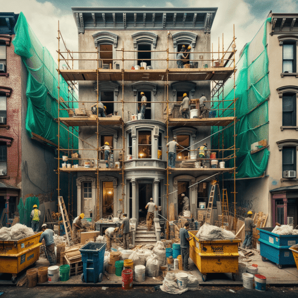 In una tranquilla strada di quartiere, una casa dalle vecchie pareti sbiadite si prepara a subire una trasformazione. Il cantiere di ristrutturazione è un’effervescente sinfonia di attività, con operai che lavorano con fervore per portare nuova vita all’edificio.All’esterno, impalcature avvolgono la casa come un abbraccio protettivo, mentre teloni di plastica proteggono le finestre e le porte dagli elementi. Il suono costante di martelli e trapani riempie l’aria, mescolandosi al vociare degli operai che si scambiano istruzioni e battute.Sul marciapiede, una serie di cassoni gialli e blu attendono di essere riempiti con detriti e materiali da smaltire. Alcuni operai si occupano di rimuovere vecchi elementi strutturali, facendo crollare muri interni per creare spazi più aperti e moderni.All’interno della casa, il suolo è coperto di trucioli di legno e sacchi di cemento, mentre l’odore pungente di vernice fresca si diffonde nell’aria. Elettricisti si arrampicano sulle scale per installare nuovi impianti elettrici, mentre idraulici lavorano sotto il lavandino della cucina per sostituire vecchie tubature con nuovi sistemi moderni.Nel soggiorno, operai abili rimuovono vecchi rivestimenti murali per scoprire le pareti di mattoni originarie, pronte ad essere restaurate e riportate al loro antico splendore. Lungo il corridoio, altri operai applicano stucco fresco e liscio, preparando le pareti per una nuova finitura.Nonostante il caos apparente, c’è un senso di eccitazione nell’aria, un’anticipazione per la trasformazione imminente. Ogni battito di martello e ogni pennellata di vernice porta l’edificio un passo più vicino alla sua nuova vita, pronta a accogliere i suoi abitanti con comfort e stile rinnovati.