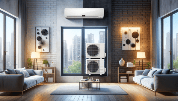 Genera una foto realistica che illustra il concetto descritto nell’articolo. Per favore, usa il testo dell’articolo tra parentesi per comprendere il contesto specifico dell’immagine. L’immagine dovrebbe essere di alta qualità e riflettere fedelmente il tema trattato. Ad esempio, se l’articolo parla dei vantaggi dei climatizzatori portatili, l’immagine dovrebbe mostrare un condizionatore portatile in un ambiente domestico moderno. Se l’articolo riguarda la manutenzione dei condizionatori, crea un’immagine che mostri una persona mentre pulisce o ispeziona un condizionatore. Ecco il testo dell’articolo da cui trarre ispirazione: (The air conditioning market has advanced in recent years, offering a variety of choices including wall-mounted and window-mounted units. These types differ in design, energy efficiency, cost, maintenance, adaptability, and aesthetic.Wall-mounted units are typically installed by professionals and offer a more discreet design with strategically customizable airflow. They’re generally more energy-efficient due to advanced technologies, with a separate component minimizing energy loss. Initial purchase and installation can be costly, but they often save on long-term energy costs. Maintenance usually requires specialized technicians. They offer higher adaptability in terms of positioning, harmonically blending into interior decors, with some models also offering customized design options.Window units are simply installed in a window, often by the homeowner, but they can obstruct the view and reduce incoming light. While some modern units offer energy-saving designs, they’re generally less efficient in maintaining constant temperatures as the surrounding window might allow warm or cold air to escape. They are usually cheaper to purchase and install, but operational expenses may be higher due to lower efficiency. Maintenance is simpler and can often be performed by the homeowner. Aesthetically, they’re less pleasing and can disrupt the external view of a window and are often visible from both inside and outside.Choosing between the two largely depends on the consumer’s needs, budget, and the structural conditions of their home or office. Wall-mounted air conditioners offer better efficiency and aesthetics suitable for a long-term solution, while window units offer a simple, immediate, and economical cooling solution. Regardless of choice, factors like room size, desired energy efficiency, and budget should be considered.).