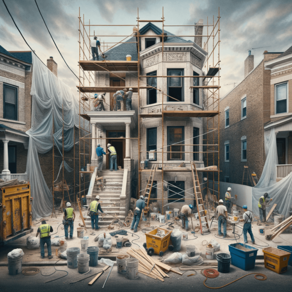 In una tranquilla strada di quartiere, una casa dalle vecchie pareti sbiadite si prepara a subire una trasformazione. Il cantiere di ristrutturazione è un’effervescente sinfonia di attività, con operai che lavorano con fervore per portare nuova vita all’edificio.All’esterno, impalcature avvolgono la casa come un abbraccio protettivo, mentre teloni di plastica proteggono le finestre e le porte dagli elementi. Il suono costante di martelli e trapani riempie l’aria, mescolandosi al vociare degli operai che si scambiano istruzioni e battute.Sul marciapiede, una serie di cassoni gialli e blu attendono di essere riempiti con detriti e materiali da smaltire. Alcuni operai si occupano di rimuovere vecchi elementi strutturali, facendo crollare muri interni per creare spazi più aperti e moderni.All’interno della casa, il suolo è coperto di trucioli di legno e sacchi di cemento, mentre l’odore pungente di vernice fresca si diffonde nell’aria. Elettricisti si arrampicano sulle scale per installare nuovi impianti elettrici, mentre idraulici lavorano sotto il lavandino della cucina per sostituire vecchie tubature con nuovi sistemi moderni.Nel soggiorno, operai abili rimuovono vecchi rivestimenti murali per scoprire le pareti di mattoni originarie, pronte ad essere restaurate e riportate al loro antico splendore. Lungo il corridoio, altri operai applicano stucco fresco e liscio, preparando le pareti per una nuova finitura.Nonostante il caos apparente, c’è un senso di eccitazione nell’aria, un’anticipazione per la trasformazione imminente. Ogni battito di martello e ogni pennellata di vernice porta l’edificio un passo più vicino alla sua nuova vita, pronta a accogliere i suoi abitanti con comfort e stile rinnovati.