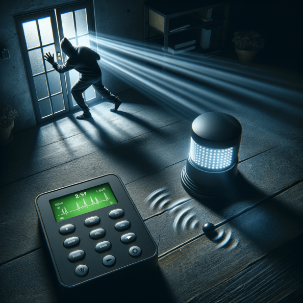 Mentre l’intruso tenta di forzare la finestra, mostra un sottile raggio di luce infrarossa che viene disturbato. In primo piano, un sensore di movimento nascosto nel buio cattura il cambiamento e invia un segnale al sistema di sicurezza. All’interno della casa, mostra il pannello di controllo digitale che si illumina improvvisamente, mentre un allarme discreto ma penetrante risuona nell’aria calma della notte.