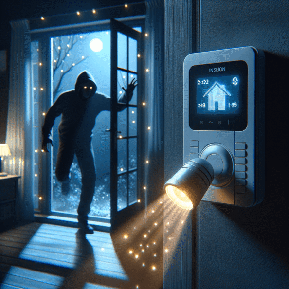 Mentre l’intruso tenta di forzare la finestra, mostra un sottile raggio di luce infrarossa che viene disturbato. In primo piano, un sensore di movimento nascosto nel buio cattura il cambiamento e invia un segnale al sistema di sicurezza. All’interno della casa, mostra il pannello di controllo digitale che si illumina improvvisamente, mentre un allarme discreto ma penetrante risuona nell’aria calma della notte.