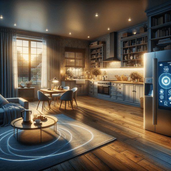 In una tranquilla casa di periferia, avvolta nell’atmosfera serena del pomeriggio, gli interni sono illuminati da una luce naturale che filtra attraverso le finestre. Non c’è nessuno in casa, ma il silenzio è interrotto solo dal leggero ronzio dei dispositivi elettronici.Nel soggiorno, la luce dell’ambiente si regola automaticamente, adattandosi alla luce naturale che varia con il trascorrere del giorno. Le tende si aprono e si chiudono delicatamente, seguendo un programma prestabilito per garantire la giusta quantità di luce e privacy in ogni momento.Nella cucina, un bollitore ad acqua si accende autonomamente, pronto a preparare una tazza di tè per il ritorno degli abitanti. Il frigorifero, dotato di sensori intelligenti, controlla costantemente la temperatura e la quantità di cibo al suo interno, avvisando di eventuali necessità di rifornimento o di problemi di conservazione.Nelle stanze da letto, i letti regolano automaticamente la loro temperatura e inclinazione per garantire un sonno confortevole. Le luci notturne si accendono dolcemente quando il sensore di movimento rileva un passaggio, illuminando il percorso senza disturbare il sonno.Nel bagno, il sistema di ventilazione si attiva autonomamente quando viene rilevata un’alta umidità, prevenendo la formazione di muffa e mantenendo l’ambiente fresco e asciutto.All’esterno, il sistema di irrigazione del giardino entra in azione, distribuendo l’acqua in modo uniforme e efficiente per mantenere il verde rigoglioso e vivace.Non c’è nessuno in casa, ma gli impianti di domotica lavorano instancabilmente per garantire il comfort, la sicurezza e l’efficienza energetica della dimora, creando un ambiente accogliente e funzionale che attende pazientemente il ritorno dei suoi abitanti.