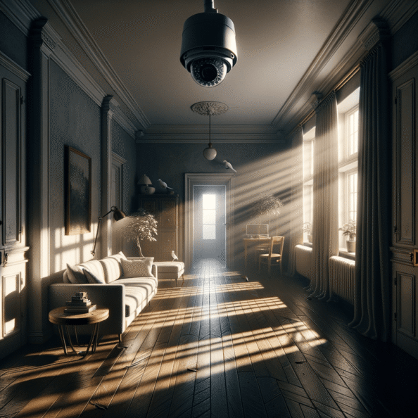 Nel silenzio di una casa deserta, l’unico rumore è il lieve ronzio dell’impianto di climatizzazione che riecheggia nei corridoi vuoti. L’atmosfera è tranquilla, ma gli occhi vigili delle telecamere di sorveglianza non conoscono riposo.Nella penombra delle stanze, le telecamere montate strategicamente scrutano ogni angolo con precisione chirurgica. Zoomano sui dettagli più piccoli, catturando ogni movimento, ogni variazione di luce, ogni segno di vita o di intrusione.Una telecamera montata sopra l’ingresso principale osserva silenziosamente mentre una foglia sospinta dal vento scivola sul marciapiede vuoto. Un’altra telecamera, posizionata nel soggiorno, inquadra il divano vuoto, la luce del sole che filtra dalle tende e crea motivi d’ombra sul pavimento immacolato.Nel frattempo, una terza telecamera panning, nascosta sotto un mobile, sorveglia la cucina, registrando ogni scatto del frigorifero che si apre e si chiude con il passaggio dell’aria condizionata.L’impianto di videosorveglianza funziona come un occhio onniveggente, senza emozioni né distrazioni. Non c’è bisogno di riposo o pausa, solo la continua vigilanza su ogni centimetro della casa.La casa, priva di persone, è avvolta nel suo silenzio solitario, ma gli occhi delle telecamere restano aperti, pronti a catturare qualsiasi evento che si verifichi, garantendo la sicurezza e la protezione anche quando gli abitanti sono lontani.