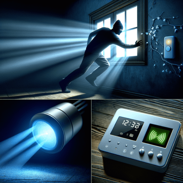 Mentre l’intruso tenta di forzare la finestra, mostra un sottile raggio di luce infrarossa che viene disturbato. In primo piano, un sensore di movimento nascosto nel buio cattura il cambiamento e invia un segnale al sistema di sicurezza. All’interno della casa, mostra il pannello di controllo digitale che si illumina improvvisamente, mentre un allarme discreto ma penetrante risuona nell’aria calma della notte.