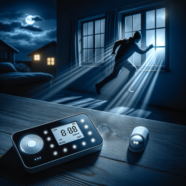 Mentre l’intruso tenta di forzare la finestra, mostra un sottile raggio di luce infrarossa che viene disturbato. In primo piano, un sensore di movimento nascosto nel buio cattura il cambiamento e invia un segnale al sistema di sicurezza. All’interno della casa, mostra il pannello di controllo digitale che si illumina improvvisamente, mentre un allarme discreto ma penetrante risuona nell’aria calma della notte.