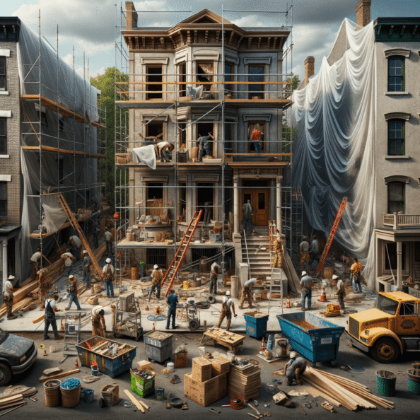 In una tranquilla strada di quartiere, una casa dalle vecchie pareti sbiadite si prepara a subire una trasformazione. Il cantiere di ristrutturazione è un’effervescente sinfonia di attività, con operai che lavorano con fervore per portare nuova vita all’edificio.All’esterno, impalcature avvolgono la casa come un abbraccio protettivo, mentre teloni di plastica proteggono le finestre e le porte dagli elementi. Il suono costante di martelli e trapani riempie l’aria, mescolandosi al vociare degli operai che si scambiano istruzioni e battute.Sul marciapiede, una serie di cassoni gialli e blu attendono di essere riempiti con detriti e materiali da smaltire. Alcuni operai si occupano di rimuovere vecchi elementi strutturali, facendo crollare muri interni per creare spazi più aperti e moderni.All’interno della casa, il suolo è coperto di trucioli di legno e sacchi di cemento, mentre l’odore pungente di vernice fresca si diffonde nell’aria. Elettricisti si arrampicano sulle scale per installare nuovi impianti elettrici, mentre idraulici lavorano sotto il lavandino della cucina per sostituire vecchie tubature con nuovi sistemi moderni.Nel soggiorno, operai abili rimuovono vecchi rivestimenti murali per scoprire le pareti di mattoni originarie, pronte ad essere restaurate e riportate al loro antico splendore. Lungo il corridoio, altri operai applicano stucco fresco e liscio, preparando le pareti per una nuova finitura.Nonostante il caos apparente, c’è un senso di eccitazione nell’aria, un’anticipazione per la trasformazione imminente. Ogni battito di martello e ogni pennellata di vernice porta l’edificio un passo più vicino alla sua nuova vita, pronta a accogliere i suoi abitanti con comfort e stile rinnovati.