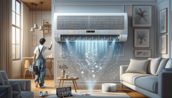 Genera una foto realistica che illustra il concetto descritto nell’articolo. Per favore, usa il testo dell’articolo tra parentesi per comprendere il contesto specifico dell’immagine. L’immagine dovrebbe essere di alta qualità e riflettere fedelmente il tema trattato. Ad esempio, se l’articolo parla dei vantaggi dei climatizzatori portatili, l’immagine dovrebbe mostrare un condizionatore portatile in un ambiente domestico moderno. Se l’articolo riguarda la manutenzione dei condizionatori, crea un’immagine che mostri una persona mentre pulisce o ispeziona un condizionatore. Ecco il testo dell’articolo da cui trarre ispirazione: (In recent years, indoor air quality has become increasingly important due to growing concerns about air pollution and respiratory health. Air conditioners, if chosen and used correctly, can play a significant role in improving indoor air quality by not only cooling, but also purifying the air we breathe.Modern air conditioners are equipped with advanced filters that can capture harmful particles like dust, pollen, and even bacteria and viruses. HEPA filters and activated carbon filters are some of the most effective systems available on the market. It’s vital to clean or replace these filters regularly to maintain high air quality and prevent the recirculation of pollutants.Proper humidity control is crucial to prevent the growth of mold and dust mites, which can exacerbate allergies and respiratory issues. Air conditioners with dehumidification functions regulate humidity levels, creating an inhospitable environment for these allergens, thus ensuring a healthier and more comfortable home environment.Some air conditioners have ventilation features that allow fresh air from outside to enter, promoting constant air exchange and dilution of indoor pollutants. This is particularly important in enclosed spaces where natural ventilation may be limited.Emerging technologies like ionization systems and air purifiers integrated into air conditioners offer new ways to improve indoor air quality. These systems release negative ions that attach to pollutant particles, causing them to fall to the ground or neutralizing them, thus enhancing the overall environment.Air conditioners aren’t just useful for cooling in hot summer days anymore. Thanks to continuous technological advancements, they’ve become powerful allies in the fight for better indoor air quality. To maximize their benefits, select the right type of air conditioner according to your needs and keep it in good condition through regular maintenance. Investing in an efficient air conditioner will not only improve comfort, but also have a long-term positive impact on health.
).