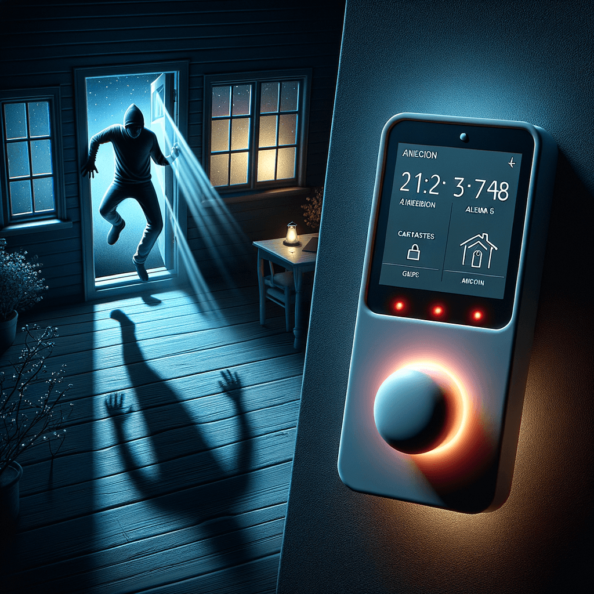 Mentre l’intruso tenta di forzare la finestra, mostra un sottile raggio di luce infrarossa che viene disturbato. In primo piano, un sensore di movimento nascosto nel buio cattura il cambiamento e invia un segnale al sistema di sicurezza. All’interno della casa, mostra il pannello di controllo digitale che si illumina improvvisamente, mentre un allarme discreto ma penetrante risuona nell’aria calma della notte.