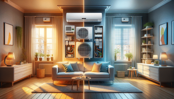 Genera una foto realistica che illustra il concetto descritto nell’articolo. Per favore, usa il testo dell’articolo tra parentesi per comprendere il contesto specifico dell’immagine. L’immagine dovrebbe essere di alta qualità e riflettere fedelmente il tema trattato. Ad esempio, se l’articolo parla dei vantaggi dei climatizzatori portatili, l’immagine dovrebbe mostrare un condizionatore portatile in un ambiente domestico moderno. Se l’articolo riguarda la manutenzione dei condizionatori, crea un’immagine che mostri una persona mentre pulisce o ispeziona un condizionatore. Ecco il testo dell’articolo da cui trarre ispirazione: (Wall-mounted and window air conditioning units are two common types of residential air conditioners. While they perform similar functions, there are significant differences between the two types.Wall-mounted units, also known as splits, consist of an indoor and outdoor unit. The indoor unit is securely mounted on a wall inside the house, while the outdoor unit is situated outside, offering more flexibility in positioning. Window units, on the other hand, are designed to be placed in window openings or specially prepared walls – a good solution for those needing an affordable, temporary solution. However, window units can obstruct views and reduce natural light.In terms of energy efficiency, wall-mounted units tend to be more efficient in the long run thanks to inverter technology which adjusts power based on need, thus reducing consumption. Conversely, window units often use less sophisticated technology resulting in higher energy consumption.Wall-mounted air conditioners are typically more powerful and can cool larger areas, making them suitable for large rooms or entire apartments. Window units are more suitable for smaller spaces like single rooms or studio apartments.The initial investment for a wall-mounted unit is more significant as it includes purchase cost, professional installation, and occasionally minor structural interventions. Window units are generally cheaper, easier to install and usually only require minimal user setup.Choosing between a wall unit and a window unit depends on factors like budget, the size of the area to be cooled, and installation requirements. If a long-term system with high energy efficiency is desired, a wall-mounted model might be the better option. However, for those looking for a more affordable and simpler setup, a window unit could be the ideal choice. Therefore, carefully considering one’s needs and the characteristics of both options will help in making an informed decision.).