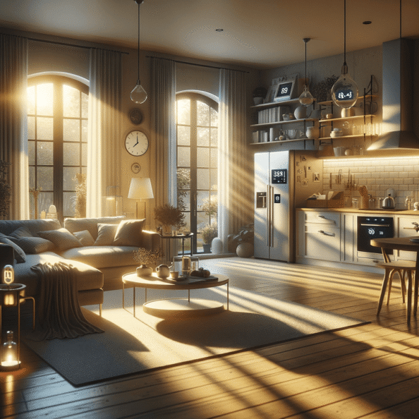 In una tranquilla casa di periferia, avvolta nell’atmosfera serena del pomeriggio, gli interni sono illuminati da una luce naturale che filtra attraverso le finestre. Non c’è nessuno in casa, ma il silenzio è interrotto solo dal leggero ronzio dei dispositivi elettronici.Nel soggiorno, la luce dell’ambiente si regola automaticamente, adattandosi alla luce naturale che varia con il trascorrere del giorno. Le tende si aprono e si chiudono delicatamente, seguendo un programma prestabilito per garantire la giusta quantità di luce e privacy in ogni momento.Nella cucina, un bollitore ad acqua si accende autonomamente, pronto a preparare una tazza di tè per il ritorno degli abitanti. Il frigorifero, dotato di sensori intelligenti, controlla costantemente la temperatura e la quantità di cibo al suo interno, avvisando di eventuali necessità di rifornimento o di problemi di conservazione.Nelle stanze da letto, i letti regolano automaticamente la loro temperatura e inclinazione per garantire un sonno confortevole. Le luci notturne si accendono dolcemente quando il sensore di movimento rileva un passaggio, illuminando il percorso senza disturbare il sonno.Nel bagno, il sistema di ventilazione si attiva autonomamente quando viene rilevata un’alta umidità, prevenendo la formazione di muffa e mantenendo l’ambiente fresco e asciutto.All’esterno, il sistema di irrigazione del giardino entra in azione, distribuendo l’acqua in modo uniforme e efficiente per mantenere il verde rigoglioso e vivace.Non c’è nessuno in casa, ma gli impianti di domotica lavorano instancabilmente per garantire il comfort, la sicurezza e l’efficienza energetica della dimora, creando un ambiente accogliente e funzionale che attende pazientemente il ritorno dei suoi abitanti.